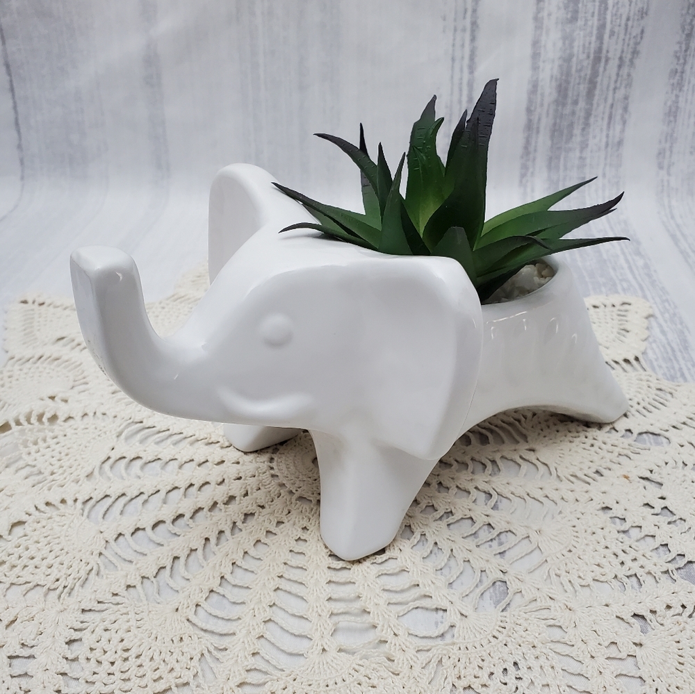 Ceramic Elephant with Faux Agava Cactus Plant